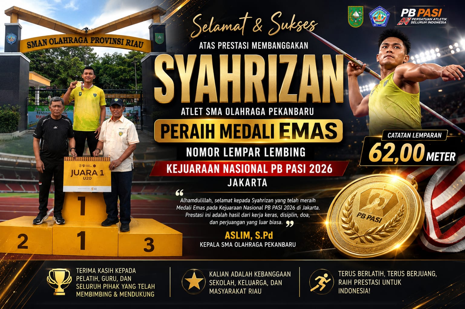Cetak Sejarah di Kejurnas PB PASI 2026, Atlet SMA Olahraga Pekanbaru Persembahkan Emas untuk Riau